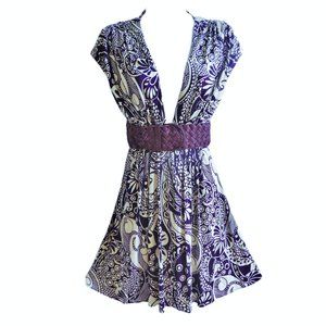 SiLK Knit Sky USA Purple White Floral Wide Basket Weave Belt Plunging V Neck M